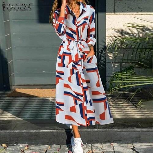 Women Bohemian Geometric Printed Long Shirt Dress ZANZEA 2021 Summer Holiday Sundress Femme Robe Long Sleeve Lace Up Vestidos 7