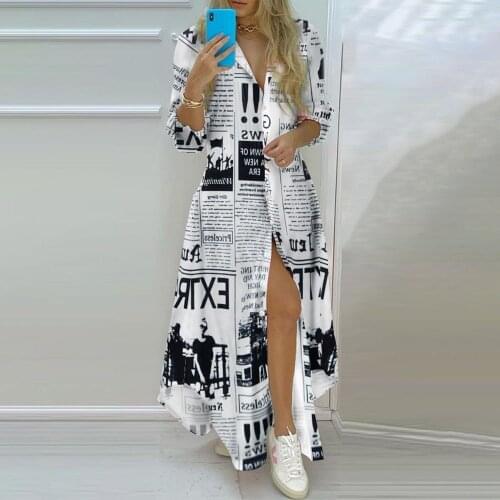 Women Maxi Dress Spring Single Breasted Button Casual Irregular Long Dress Woman Fashion Turn-down Collar Letter Print Vestidos