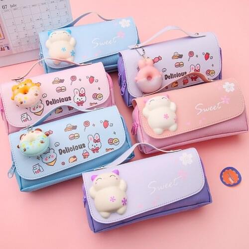 Unzip portable cute pencil case School supplies storage bag Soft pendant student pencil bag Girls handbag Children pen case gift