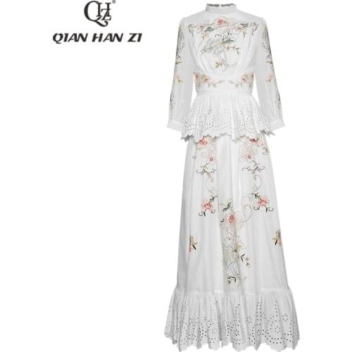 Qian Han Zi Fashion Designer Runway Maxi Dress Womens Wrist Sleeve Ruffled Hollow White Elegant Flower Embroidered Long Dress