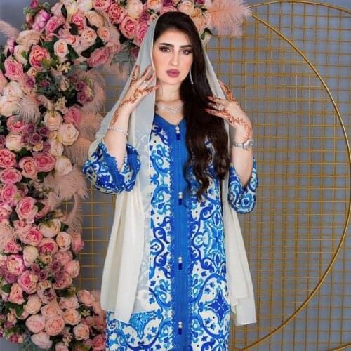 Blue Floral Long Dresses for Muslim Women Eid Mubarak Islam Dubai Abaya Turkey 2021 Kaftan Moroccan Modest Ramadan Jalabiya