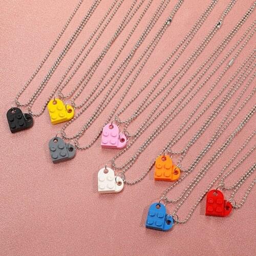 SOHOT Cute Alloy Heart Building Blocks Pendant Double Layer Necklace Splittable Beaded Stitching INS Girl Couples Jewelry Party