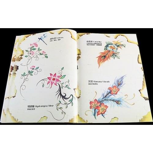 A4 Tattoo Book Flower Language Manuscript Woman Drawing Rose Peony Cover Pattern Green Product Peach Tattoo Stencil 52-Pages