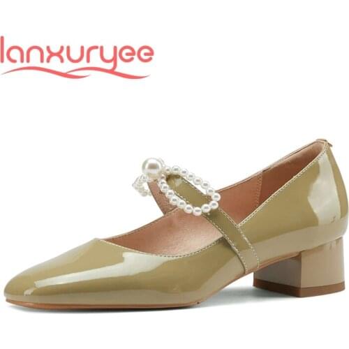 Lanxuryee wedding shoes women patent leather butterfly-knot all-match square toe thick med heel slip on beading mature pumps L20