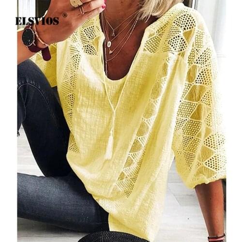 2020 Summer V-neck Lace Cotton Linen Shirt Spring Three Quarter Sleeve Plus Size Blouse Casual Patchwork Women Tops and Blouses