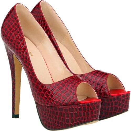Women Shoes Peep Toe Platform High Heels Pumps New 14cm Sexy Crocodile Pattern Shallow Party Shoes Work Ladies Red Wedding Shoes