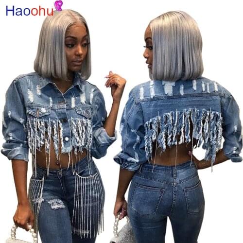 HAOOHU Tassel Ripped Cropped Jean Jacket Women Autumn Chain Long Sleeve Denim Jacket Streetwear Short Denim Coat Female Outwe
