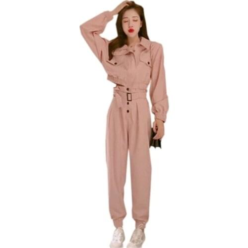 Womens Suits Spring Autumn Women Two sets Casual Loose Ladies Short Tops and Nine Pants Quality Fashion Belt Female Suit T35