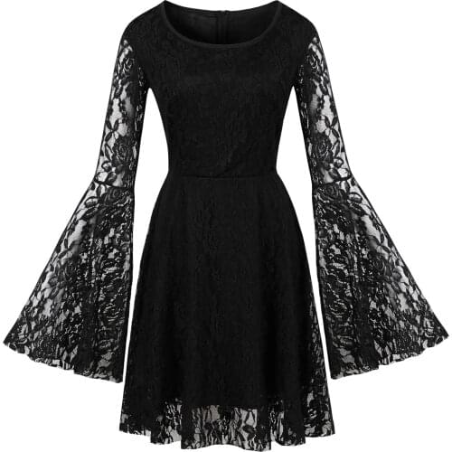 Gothic Black Women Dress Plus Size Floral Lace Party Dress Long Sleeve Elegant Casual Dress Sexy Solid Ladies Vestidos Femme