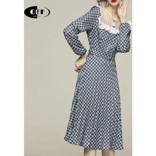 Spring Elegant Midi Woman Dress Chic French Plaid Patchwork Ruched Long Sleeve Plus Size 2XL Lady Party Dresses Clothes Vestidos