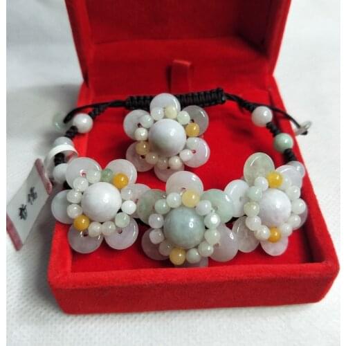 Zheru Jewelry Pure Natural Jadeite Ring Bracelet Hand-knitted Tri-Color Sun Flower Set Send A-level certificate