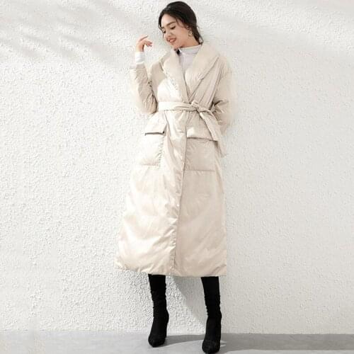 Winter pure color down jacket female fashion v-neck bind cultivate morality with thick long over-the-knee feather coats