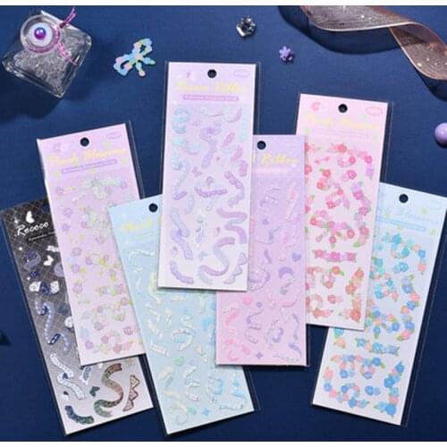 1 Sheet Romantic Colored Glitter Laser Ribbon Flower Decorative Stickers for Art Craft Card Making Scrapbook Journal Photo Album