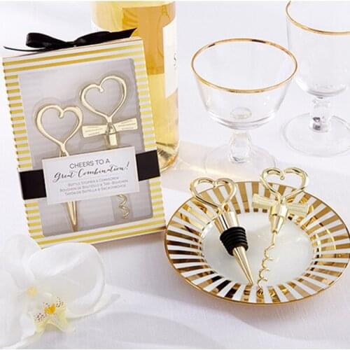 10pcs=5Sets/lot Gold Cheers to a Great Combination Wine Set Heart Wine Stopper Corkscrew Wedding Favors Party Gifts Free Ship