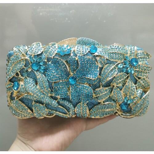 100% Handmade Blue Rhinestone Floral Purse Gold Metal Evening Clutch Bags For Women Messenger Crossbody Money Wallet Crystal Bag