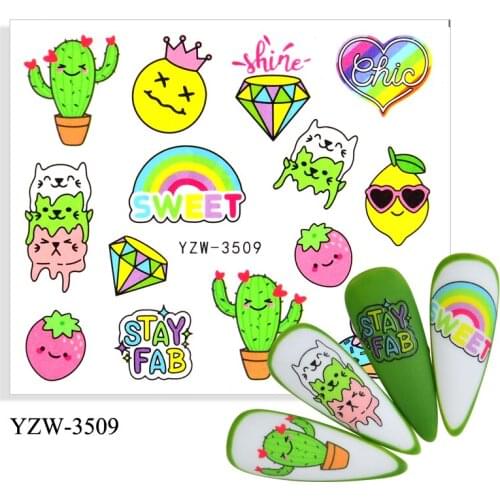 WUF 4PCS/LOT Cactus Cartoon Series Water Decal Sticker Flower Leaf Tree Summer DIY Slider For Manicuring Nail Art Watermarks