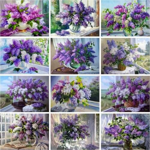 Huacan Diamond Painting Full Lilac Flower Mosaic Window Clove Floral Vase Embroidery Cross Stitch Kit Home Decor