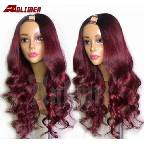 Brazilian Ombre Burgundy U part Human Hair Wigs for Black Women Middle Part 180 Density Wine Red Body Wave Human Hair U Part Wig