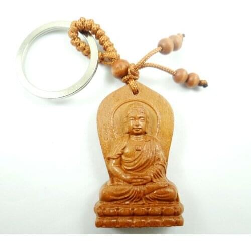 Mahogany Three-dimensional Engraving Key Chain Lifelike Buddha Pendant Key Ring Jewelry Gift For Car Accessories L22