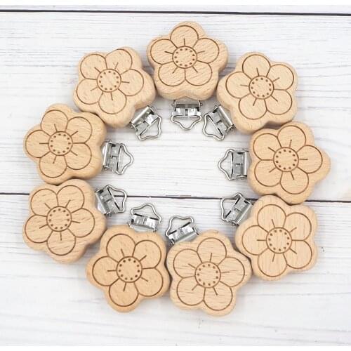 Chenkai 50PCS Wooden Bear Car Heart Bird Elephant Round Star Clips BPA Free For DIY Baby Nature Pacifier Chain Gifts
