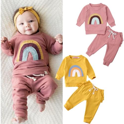 Infant Fashion 2PCS Kids Baby Girl Autumn Winter Rainbow Tops+Ruffle Pants Clothes Tracksuit 2020 New Year Birthday Clothes