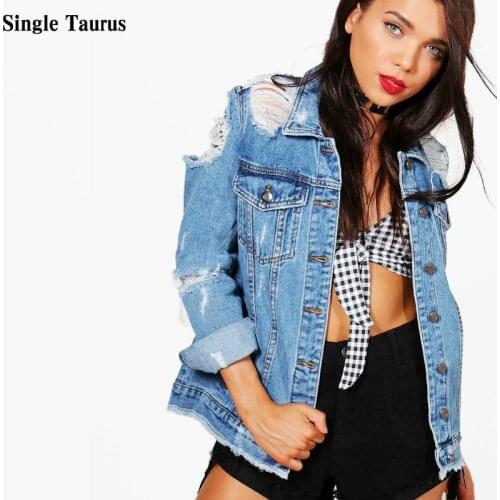 Fashion Casual Denim Coat 2021 Fall Long Sleeve Ripped Boyfriend Jean Distressed Hip Hop Streetwear Blue Denim Jacket for Women