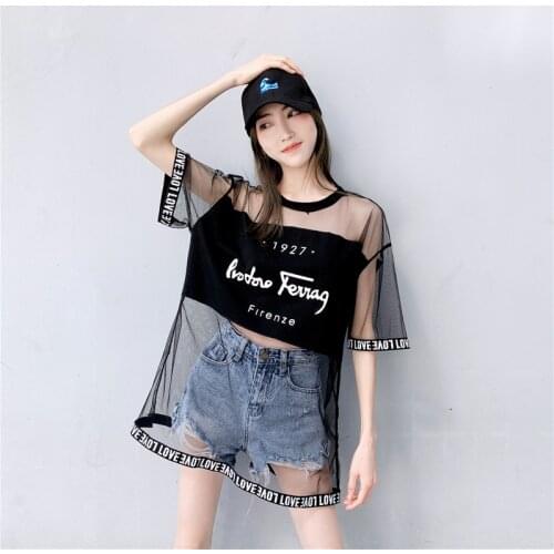 T Shirt Women 2021 Summer New Harajuku Punk Letters Print Hollow Out Mesh T-shirts Female Short Sleeve O-Neck Loose Tshirt Tops
