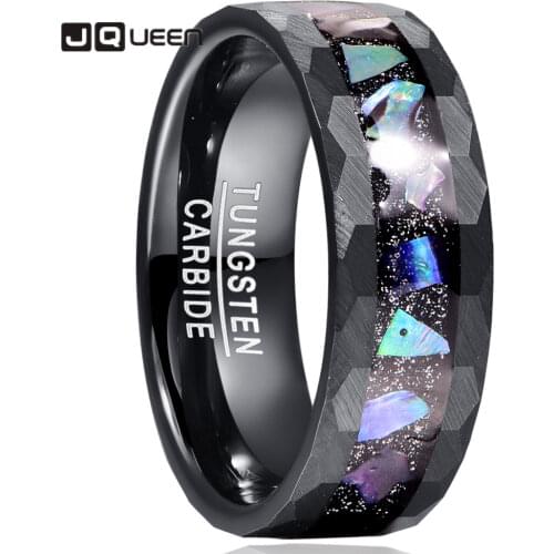 JQueen 8mm Starry Sky Bottom Abalone Shell Edge Hammered Lasa Black Tungsten Carbide Ring Mens Fashion Wedding Jewelry Gift