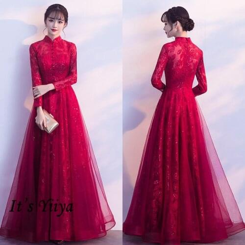 Its Yiiya Burgundy Evening Dress High Collar Plus Size Floor Length Dress K329 Long Sleeve Zipper Tulle Lace Evening Dresses