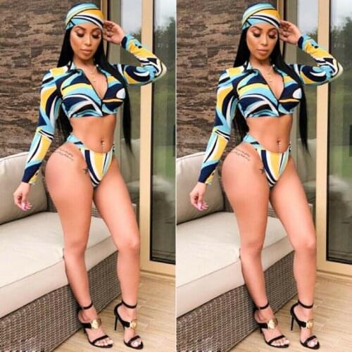 3 Pieces Bandage Floral Bikini Set Womens Swimwear Swimsuit Bathing Suit Beach Sexy Long Sleeves Zipper Tankinis Bikini Summer