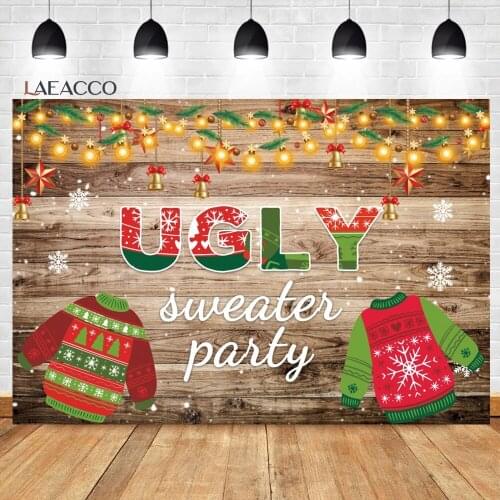 Laeacco Winter Ugly Sweater Wood Board Photocall Backdrops Kids Child Christmas Party Portrait Customized Photography Background