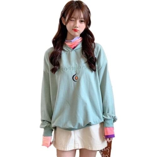 Japan Style Sweet Womens Pullover Patchwork Hooded Sweatshirts Straight Hoodies 2020 Autumn Cute Sweatshirts