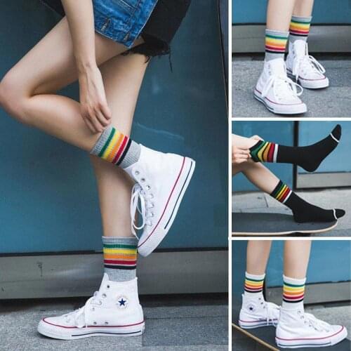 Fashionable Cotton Rainbow Striped Womens Socks Classic Warm Casual Fashion Socks Harajuku Funny Cute Popular Korean Socks