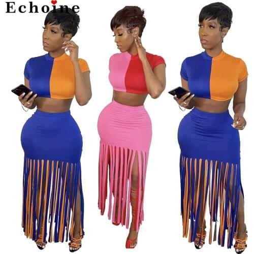 Fashion Casual Color Block Patchwork Matching Set Drawstring Skirt Suits Women Two Piece Set Crop Tops Tracksuit Female Clothes