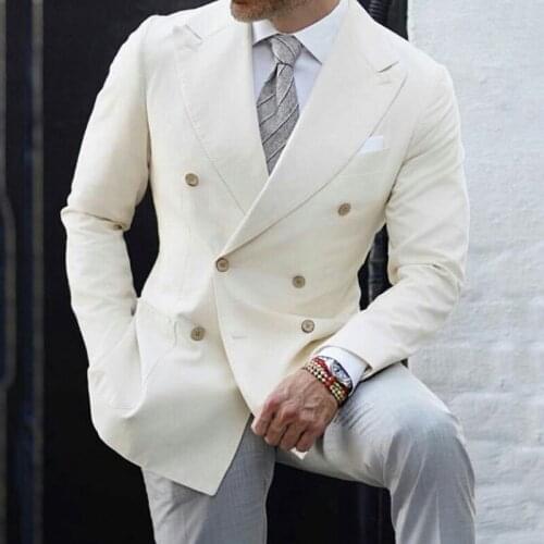 Ivory Men Suits for Wedding Business Men Suits with Grey Pants Double Breasted 2Piece Terno Masculino Men Trajes Costume Homme