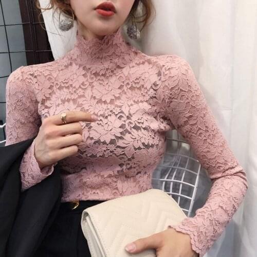The New Half-High Collar Slim Long-Sleeved T-Shirt Women Autumn And Spring Hollow Lace Bottoming Shirt Top Female Clothing