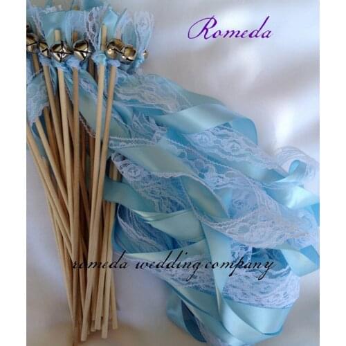 New Arrived Style D Sky Blue ribbon lace wedding wands with bell Wedding Ribbon Stick,ribbon Twirling Streamers