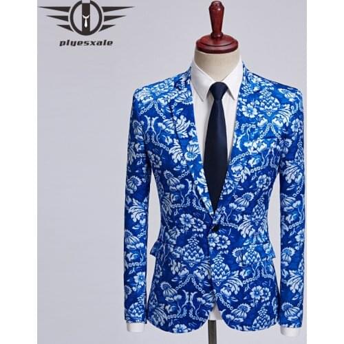 Plyesxale Blue Floral Print Blazer Men Slim Fit Casual Blazers 5XL Elegant Mens Prom Wedding Blazer Brand Stage Costume Q463