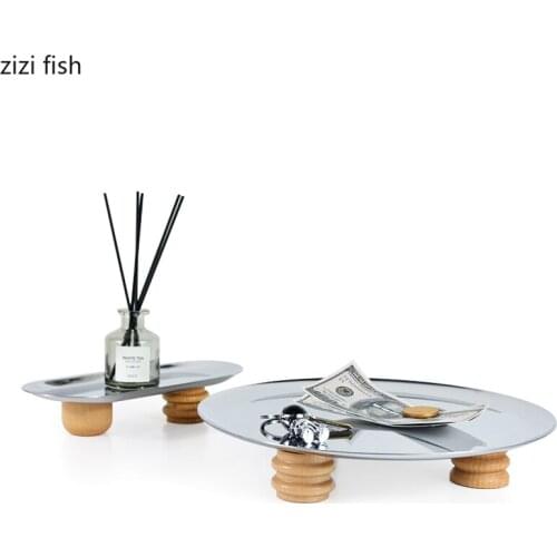 Stainless Steel Storage Trays Decorative Plate Wood Base Dessert Plates Dressing Table Jewelry Display Tray Nordic Home Decor