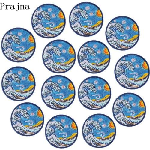 Prajna 10PCS Van Gogh Patch Embroidered Patches For Clothing Iron On Patches Cartoon Wave Patches For Clothes Appliques Stripes