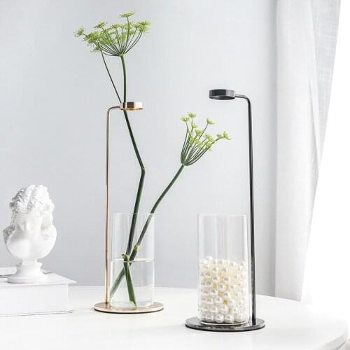 Ins Simple Nordic Transparent Glass Vase Flower Metal Iron Flower Arrangement Single Flower Home Decoration Test Tube Glass Vase