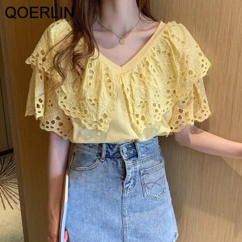 QOERLIN Ruffles Hollow Out Tops Plus Size Japan 2021 Summer New Korean V-neck Lace Tops Girls Short Sleeve T-shirt Womens Top