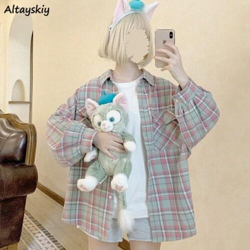 Shirts Women Student Sweet Korean Style Plaid 3 Colors Casual Harajuku Ladies Simple Trendy Friends Loose Cozy Spring Chic Ins