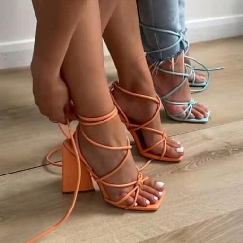 Womens Sandals Thick Heel Bandage Solid Square Toe Western Style Ladies Shoes Fashion Outdoor Elegant New Sandal Women 2021