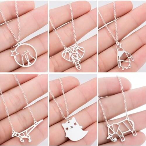 Sasusp Cute Necklace For Girls Kids Cat Elephant Long Chain Necklace Stainless Steel Penguin Animal Necklaces Unisex Jewelry