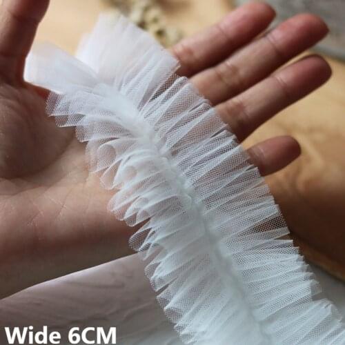 6CM Wide White Pink Mesh Double Layer Lace Fringe Ribbon Elastic Fluffy Ruffle Trim Wedding Dress Veil DIY Sewing Applique Decor