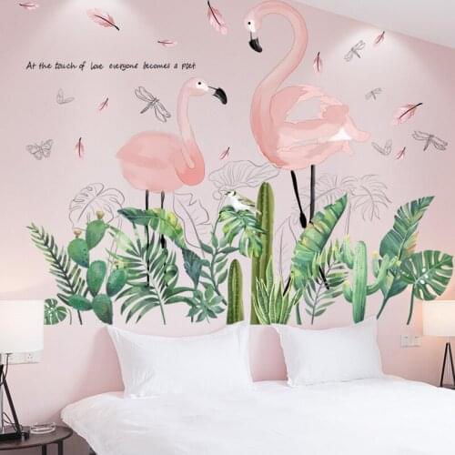 [shijuekongjian] Green Plant Leaves Wall Stickers DIY Pink Flamingo Animal Wall Decals for Kids Room Nursery House Decoration