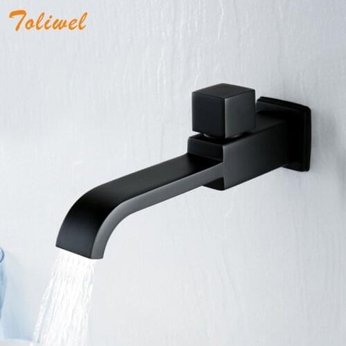 Bathroom Basin Faucet Wall Mounted Cold Water Faucet Bathtub Waterfall Spout Vessel Sink Faucet Mop Pool Tap Matte Black Square