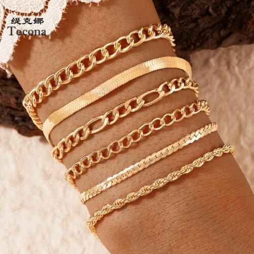 Tocona 6pcs/sets Thick Chain Gold Bracelets for Women Charms Hollow Geometric Alloy Metal Adjustable Jewelry Accessories 16408