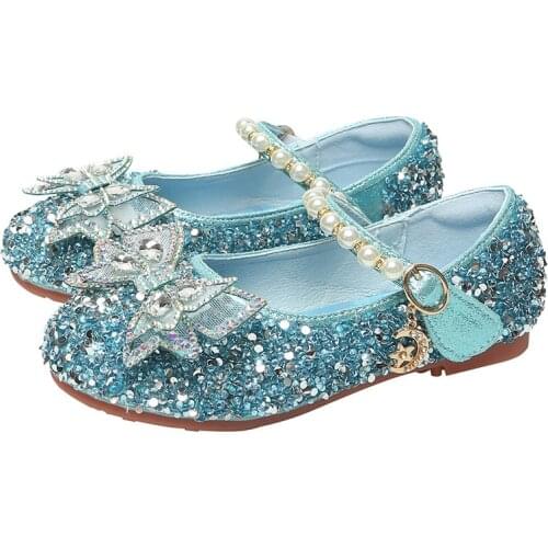 24-36Princess Kids Leather Shoes for Girls Flower Glitter Children High Heel Girls Crystal Shoes Butterfly Knot Blue Pink Silver
